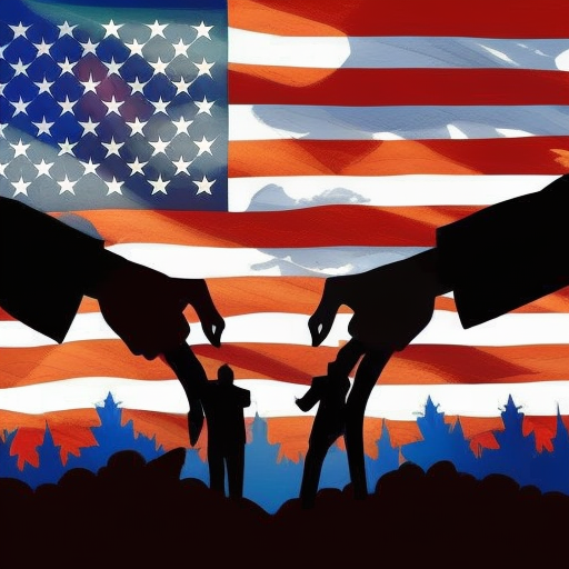 Two silhouetted figures shaking hands in front of the American flag, symbolizing the upcoming 2024 presidential election and its impact on the stock market.