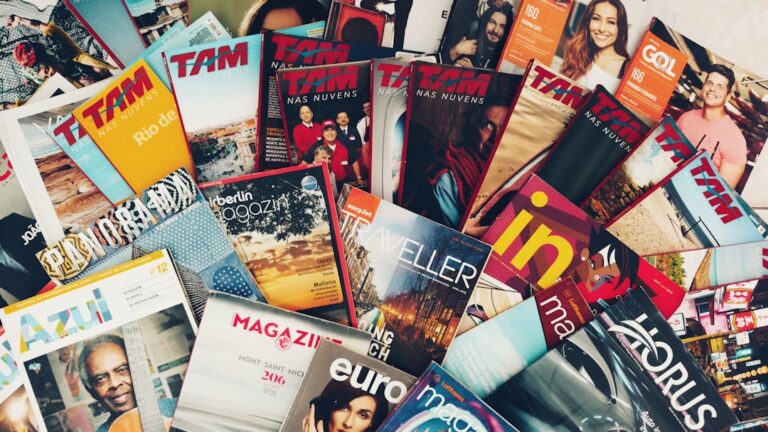 A collection of various airline in-flight magazines showcasing different airline brands.