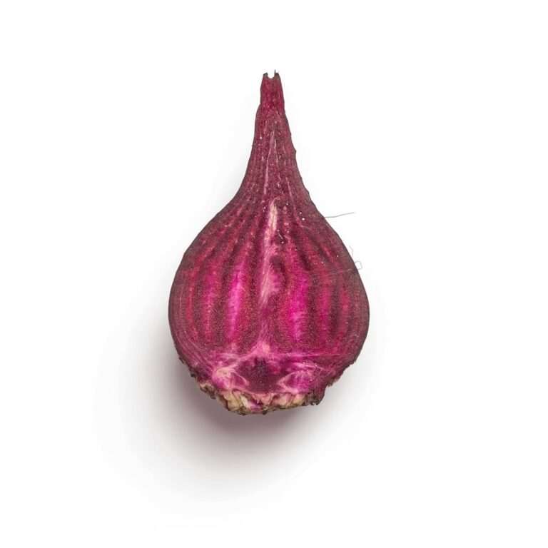 Close-up image of a beetroot cut in half, showing its vibrant red interior and striations