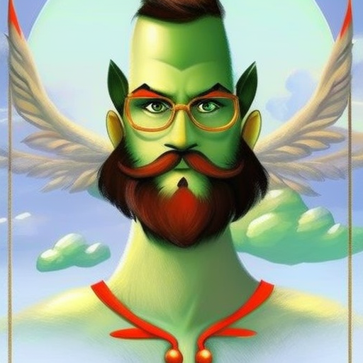 A caricature of a historical figure with a green face, large glasses, mustache, and a fake plastic nose.