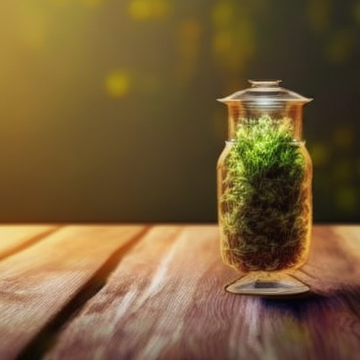 Jar of cannabis buds placed on a wooden table with a blurred background
