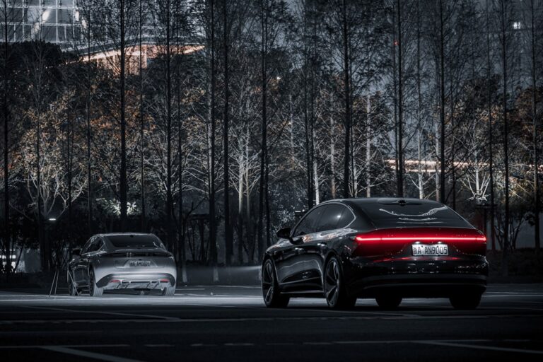 Two NIO electric vehicles driving on a street at night with illuminated rear lights, surrounded by trees and city lights.