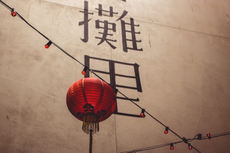 Red lantern with Chinese characters shadowed on a wall
