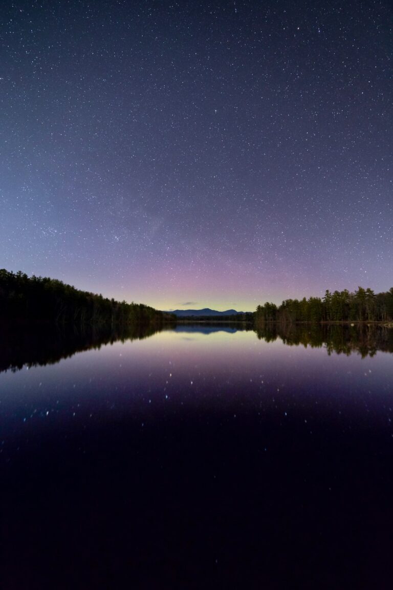 Star-filled sky reflecting over a tranquil lake surrounded by a darkened forest at dawn