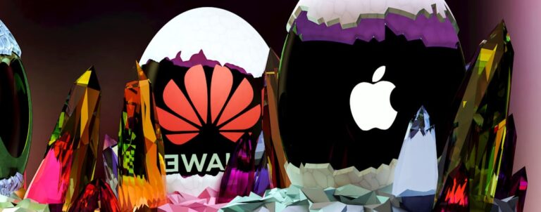 Abstract representation of Huawei and Apple logos in a futuristic, colorful crystal landscape