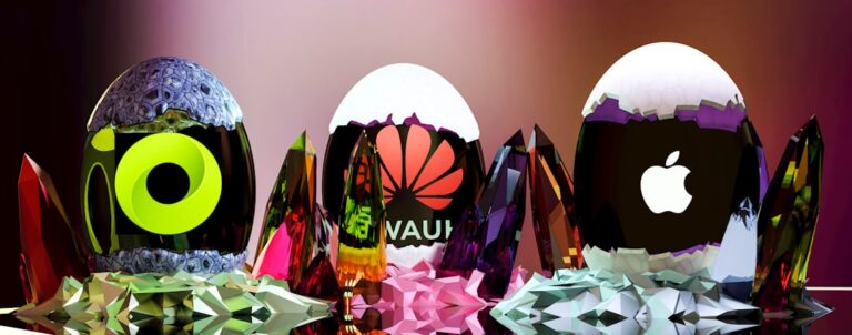 Three high-tech eggs featuring Oculus, Huawei, and Apple logos surrounded by colorful crystals
