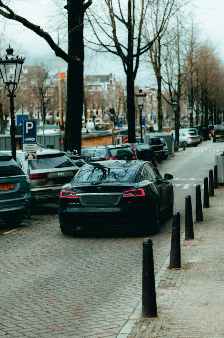 Rear view of a Tesla Model S parked on a city street with other vehicles