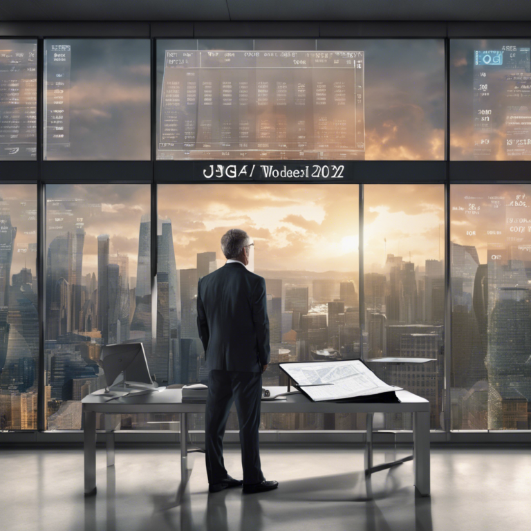 Businessman standing in an office with financial data displayed on glass walls, overlooking a cityscape at sunrise.
