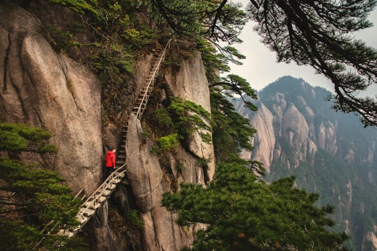A person in a red jacket walks up a narrow staircase on the side of a cliff in a mountainous region in China.