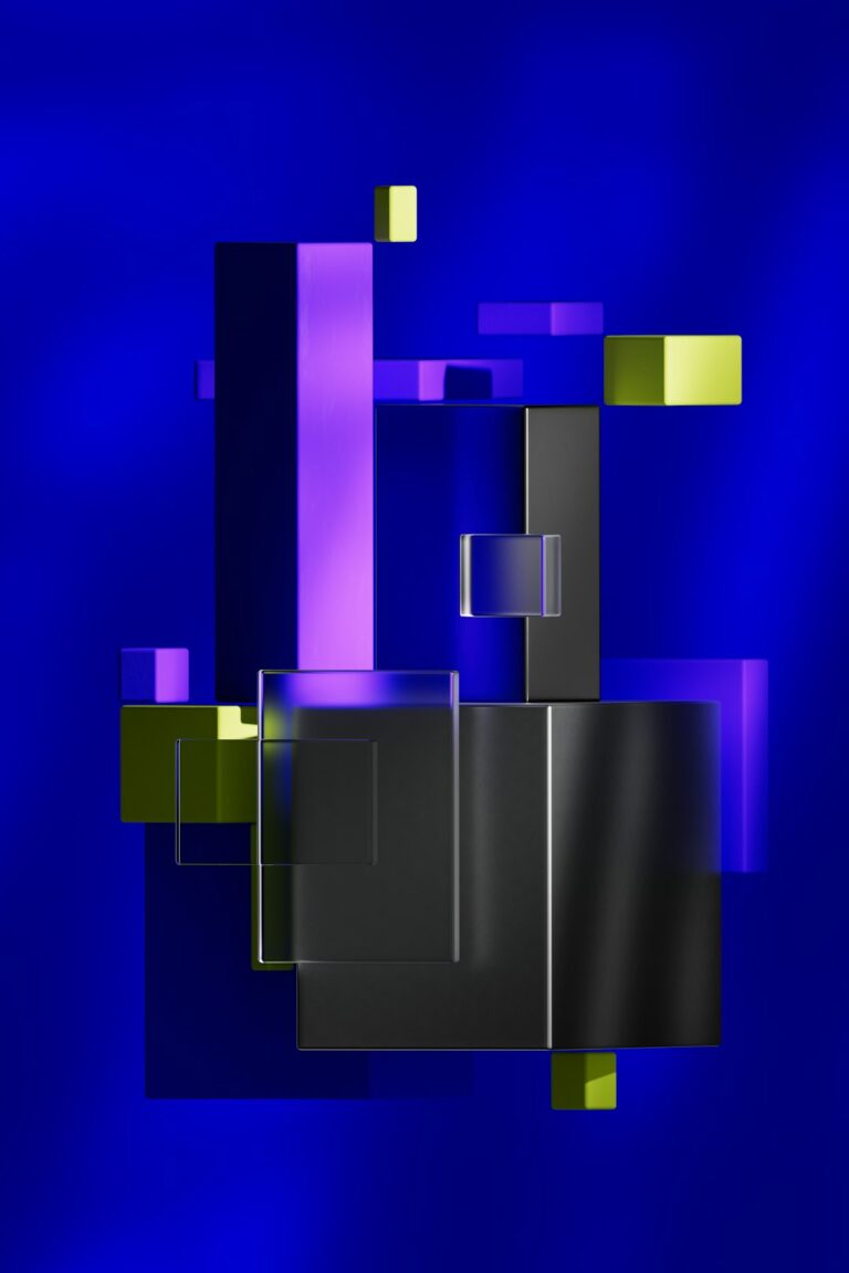 Abstract representation of stock market fluctuations with colorful rectangular blocks against a blue background