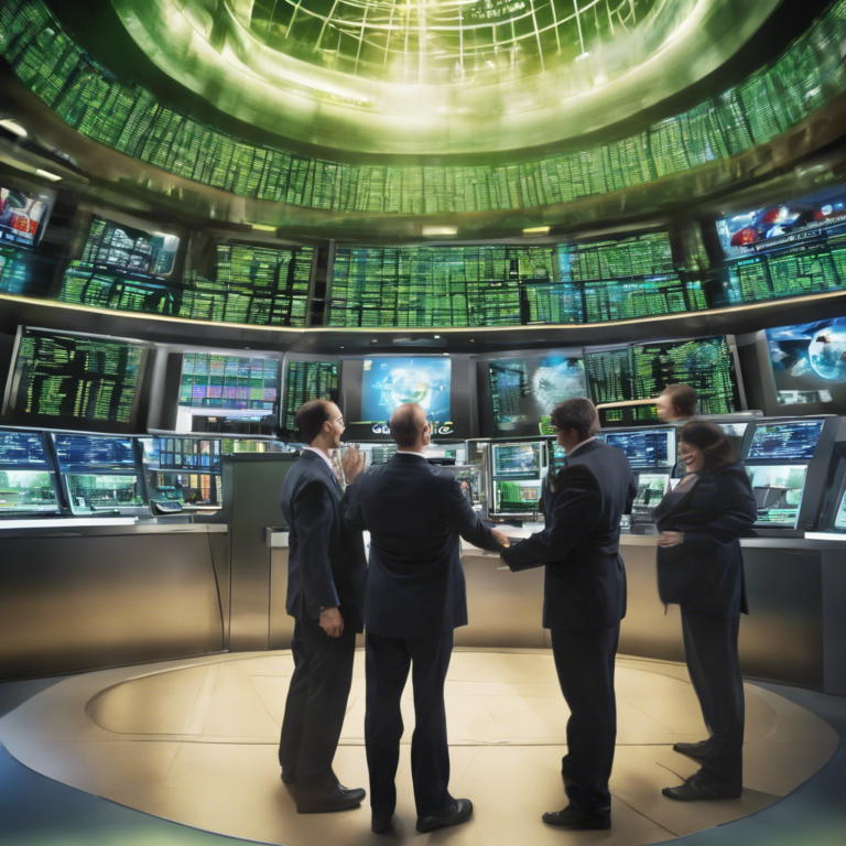 Group of investors in a modern trading room monitoring the rise of nuclear energy stocks on screens.