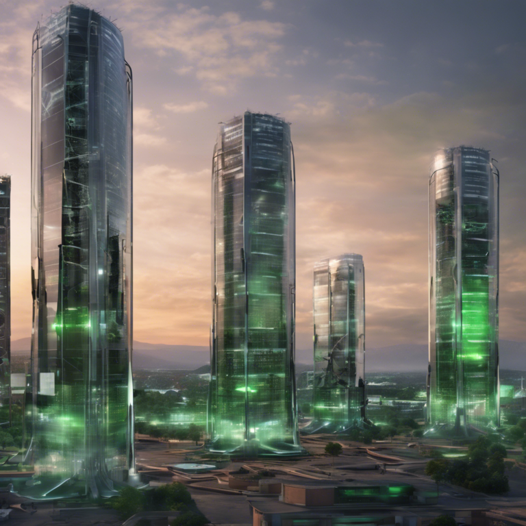 Futuristic city with tall, transparent buildings glowing with green energy