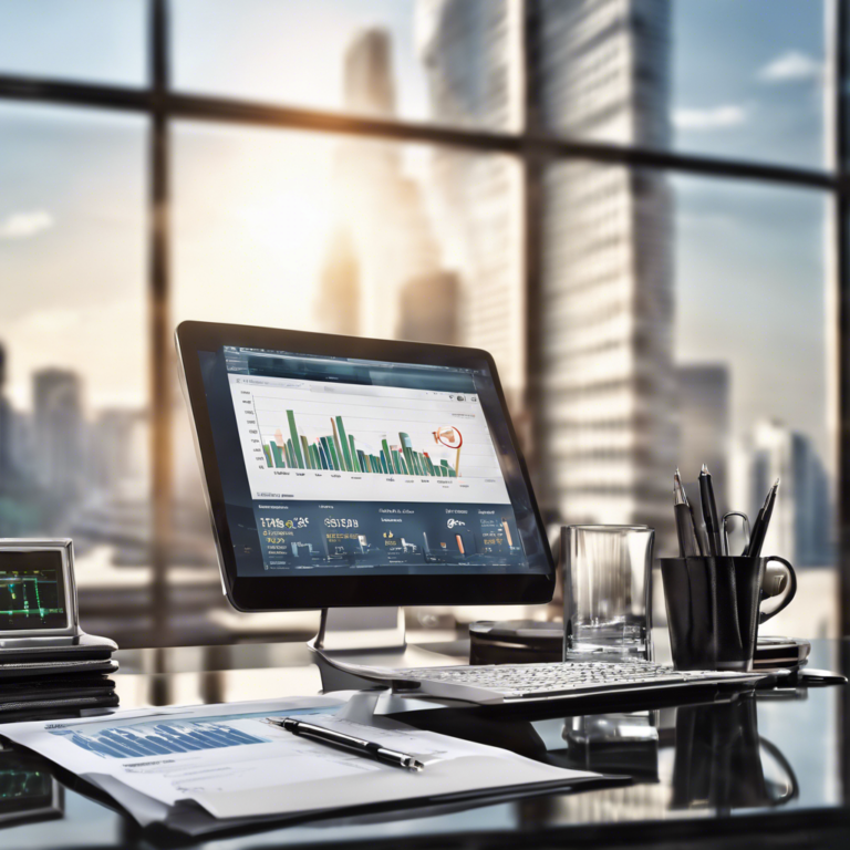 Computer displaying stock market analytics on a desk in an office with a city view