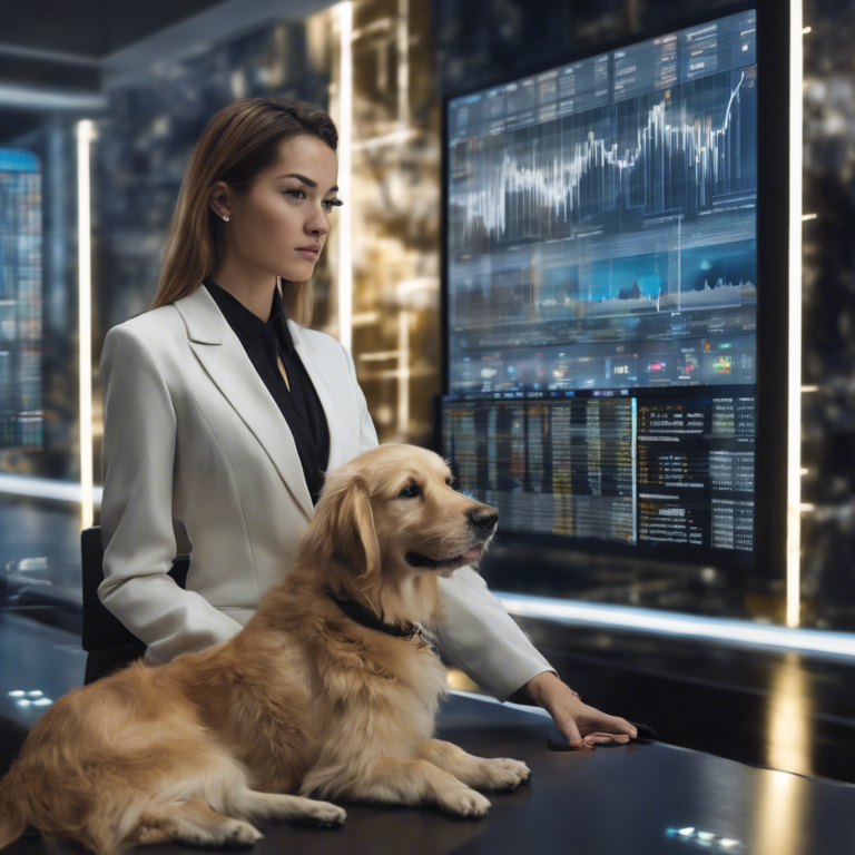 Woman with golden retriever at a financial trading screen