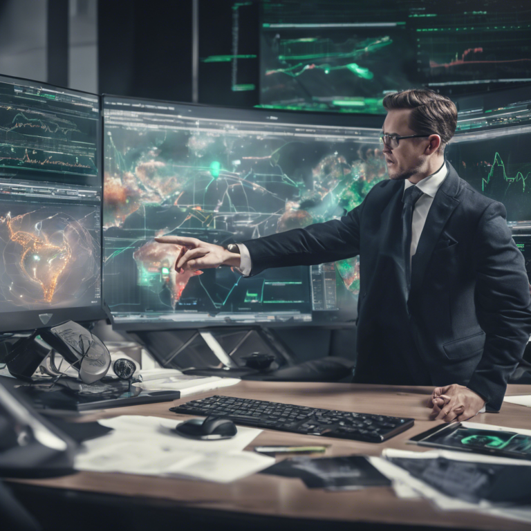 Investor in formal suit analyzing electric vehicle market trends on multiple computer screens in a modern office.