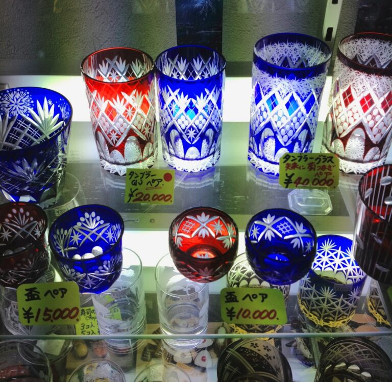 Japanese traditional cut glassware on display with price tags in yen