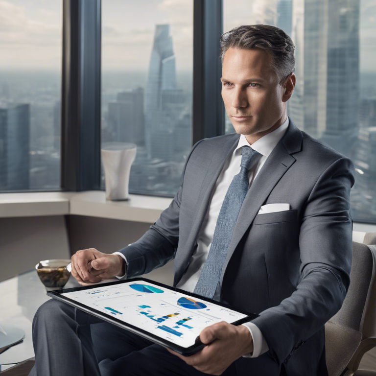 Financial analyst reviews stock market data on a tablet in a high-rise office.