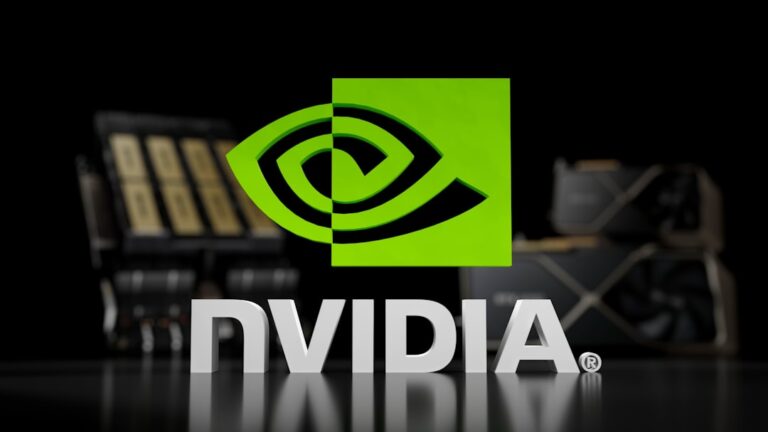 NVIDIA logo with high-performance GPUs in the background