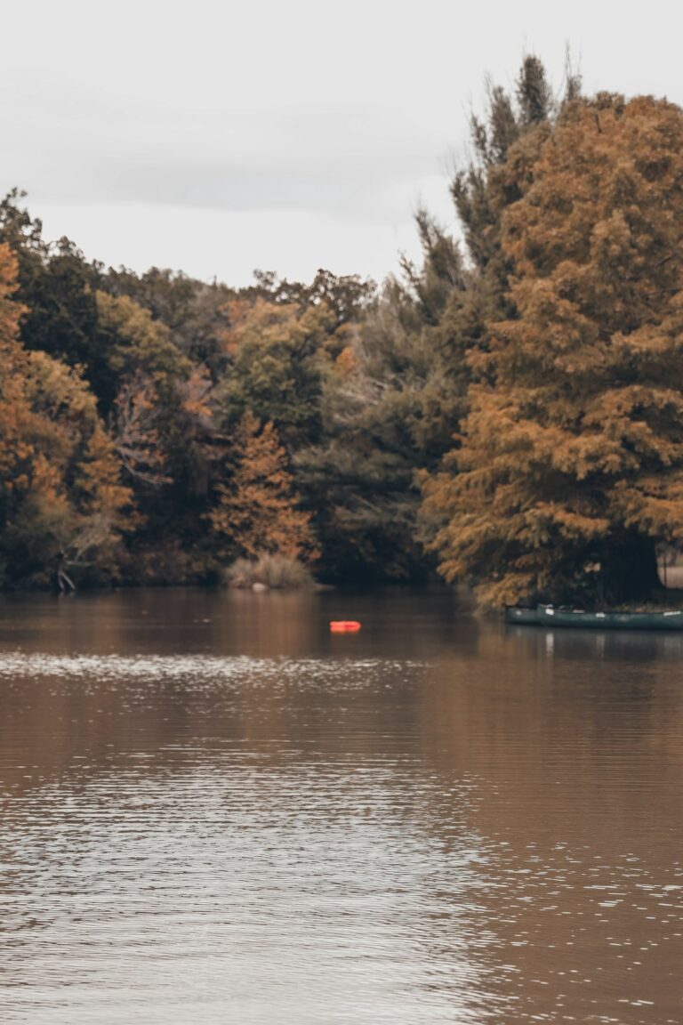 Serene autumn lake with trees reflecting on the water and a distant orange buoy