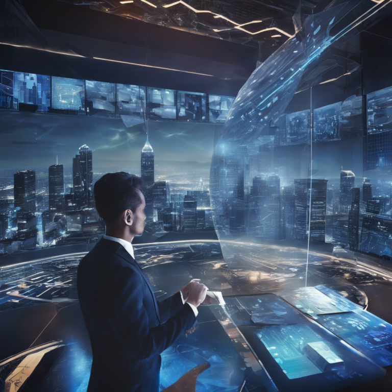 A businessman in a futuristic control room overlooking a digital city skyline, representing the future of AI and semiconductor technology.