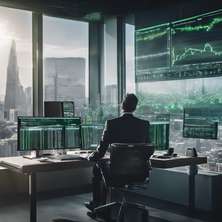 Businessman analyzing AI stock data on multiple monitors with city skyline in the background