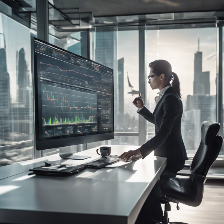 An investor analyzing stock market data on a large monitor in a modern office, preparing for potential interest rate changes.