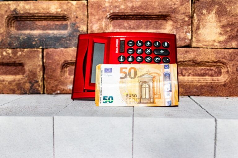 Close-up of a red calculator and a 50 euro banknote placed on a concrete surface with bricks in the background.