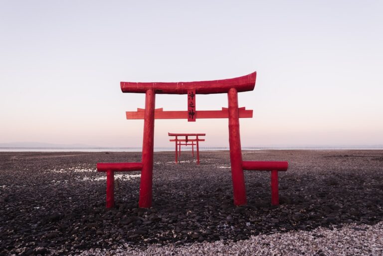 Torii gates standing on a rocky shoreline in Japan during sunset