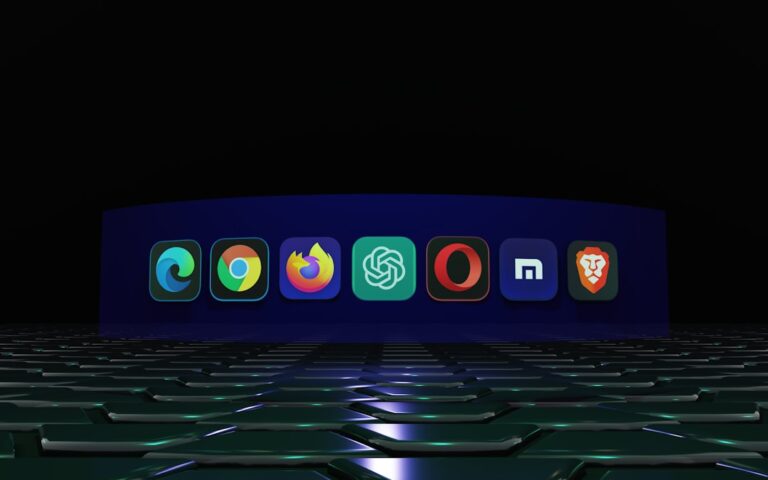 A row of tech and web browser icons including Edge, Chrome, Firefox, ChatGPT, Opera, Maxton, and Brave above a sleek, futuristic platform.