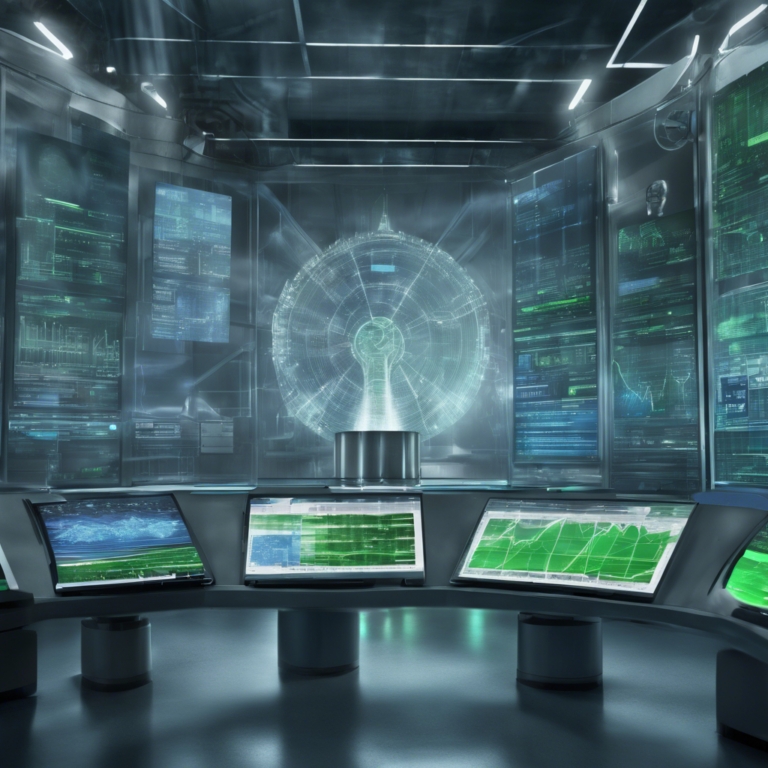 Futuristic control room with multiple digital screens displaying energy and AI data